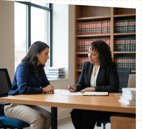 Attorney Shauna Robertson meeting with female client of color at law office reviewing paperwork